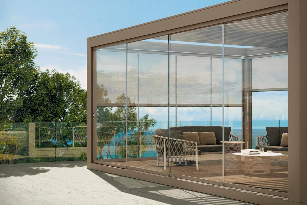 Modern summer cafe exterior with big glass doors scaled